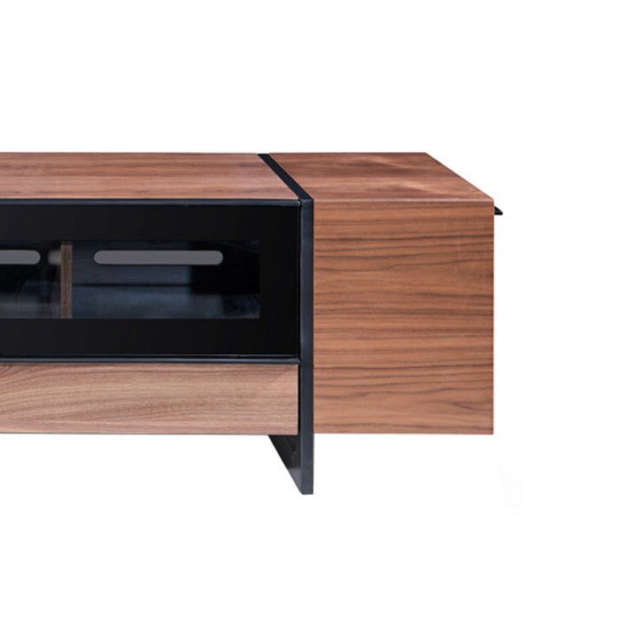 Wooden TV Stand with 4 Drawers and 3 Compartments, Brown and Black