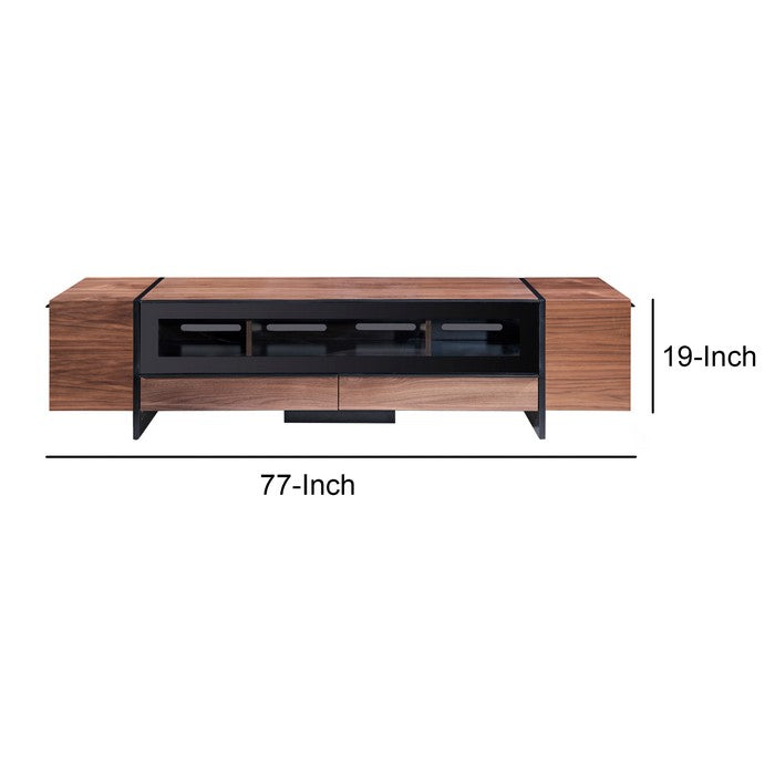 Wooden TV Stand with 4 Drawers and 3 Compartments, Brown and Black
