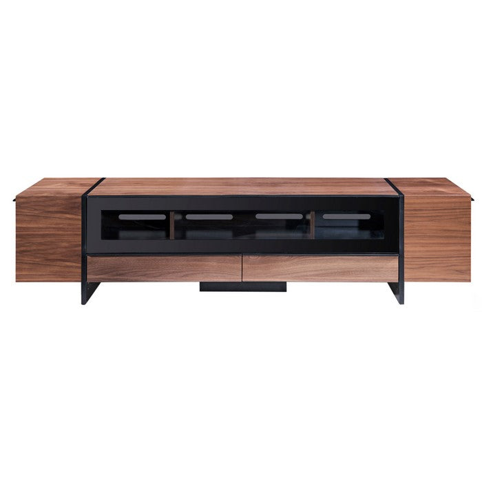 Wooden TV Stand with 4 Drawers and 3 Compartments, Brown and Black