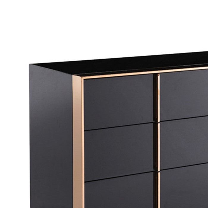 6 Drawer Wooden Dresser with Metal Frame and Handles, Black and Gold