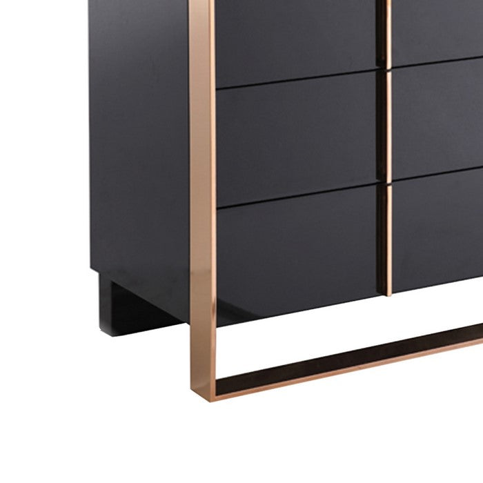6 Drawer Wooden Dresser with Metal Frame and Handles, Black and Gold