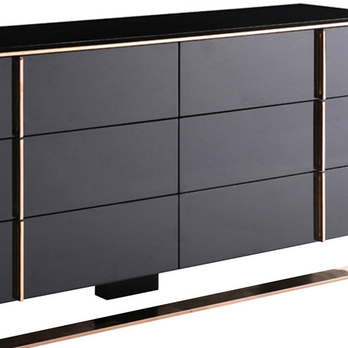 6 Drawer Wooden Dresser with Metal Frame and Handles, Black and Gold