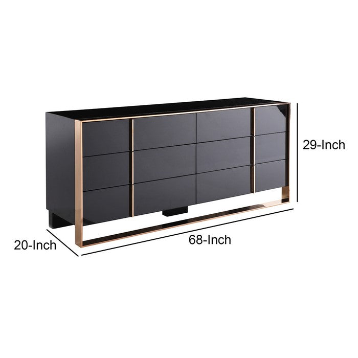 6 Drawer Wooden Dresser with Metal Frame and Handles, Black and Gold