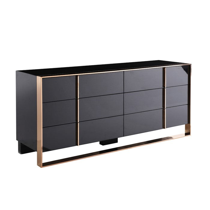 6 Drawer Wooden Dresser with Metal Frame and Handles, Black and Gold