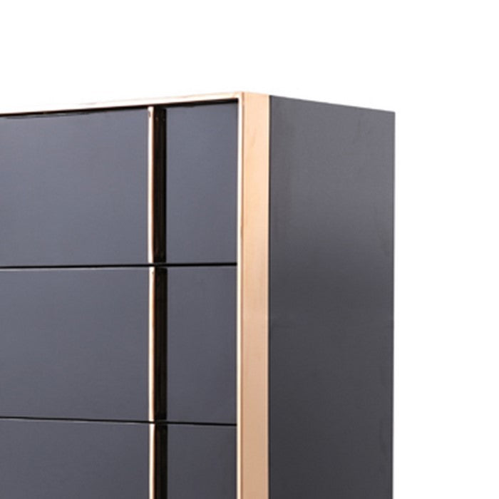 5 Drawer Wooden Chest with Metal Frame and Handles, Black and Gold