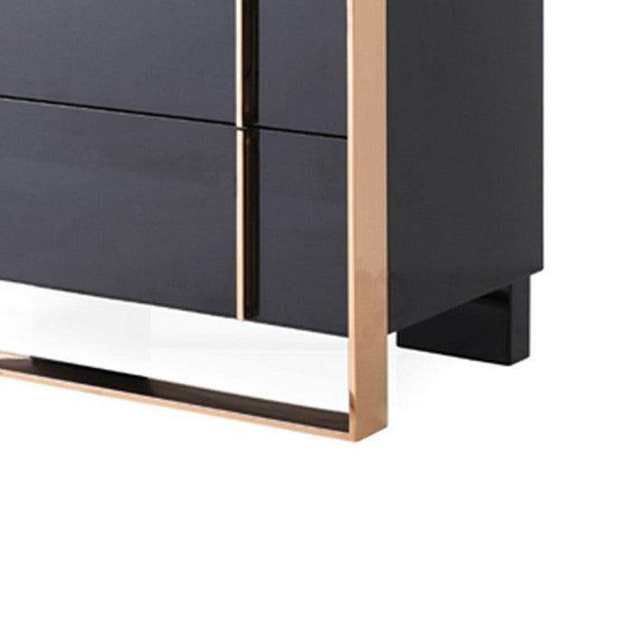 5 Drawer Wooden Chest with Metal Frame and Handles, Black and Gold