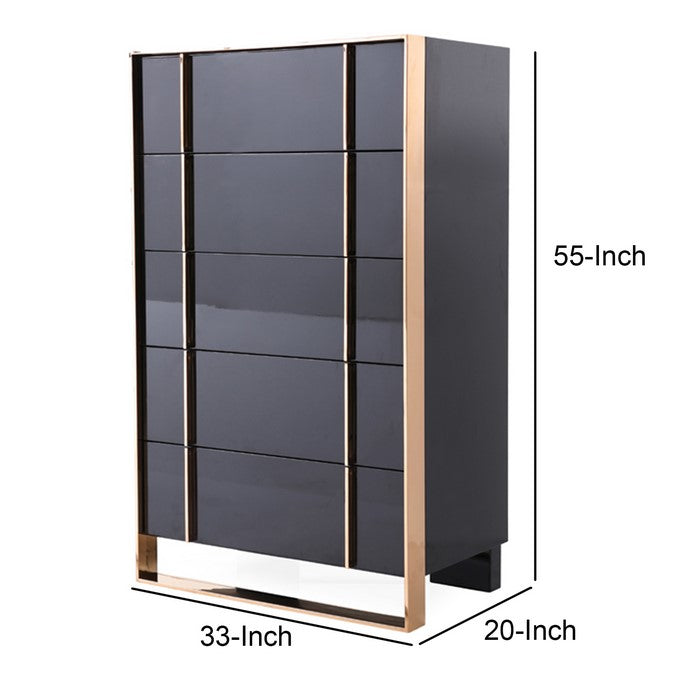 5 Drawer Wooden Chest with Metal Frame and Handles, Black and Gold