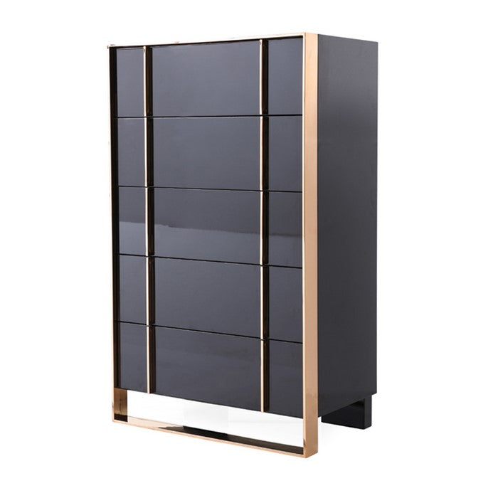 5 Drawer Wooden Chest with Metal Frame and Handles, Black and Gold