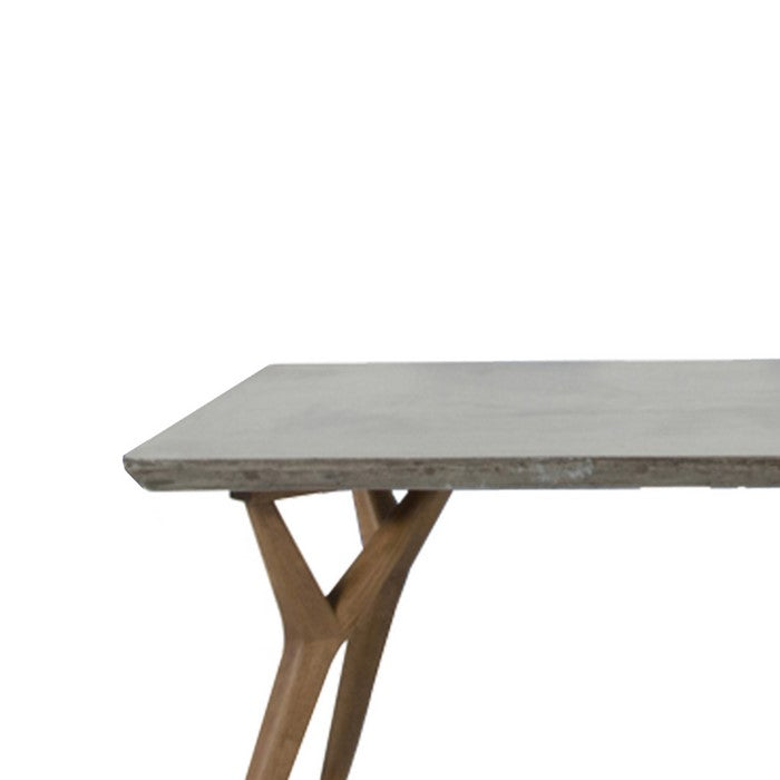 Concrete Top Dining Table with Angled Y Shaped Wooden Legs, Brown and Gray