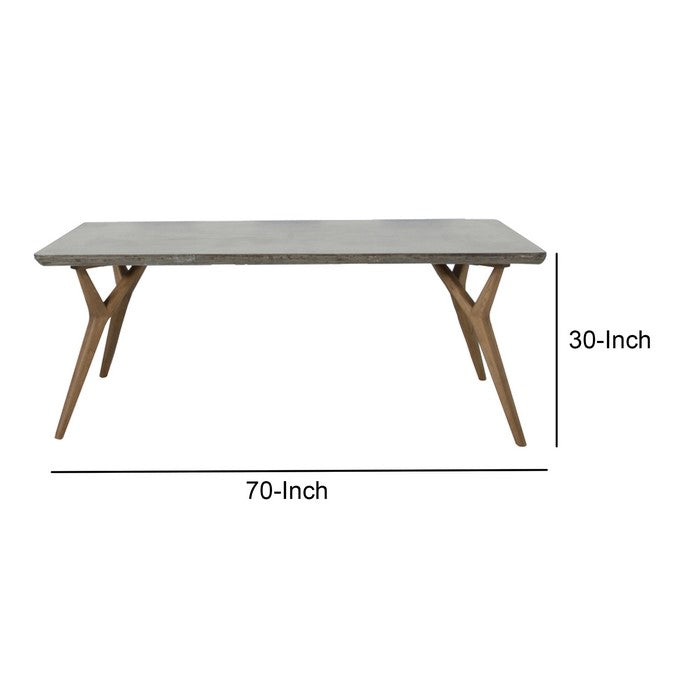Concrete Top Dining Table with Angled Y Shaped Wooden Legs, Brown and Gray