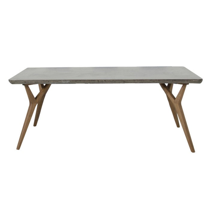 Concrete Top Dining Table with Angled Y Shaped Wooden Legs, Brown and Gray