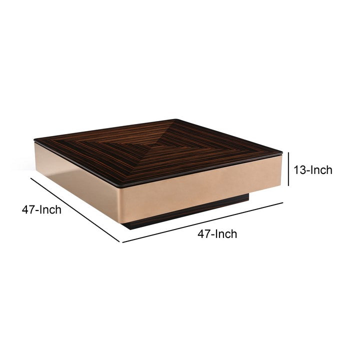 Square Wooden Top Coffee Table with Metal Frame, Brown and Rose Gold
