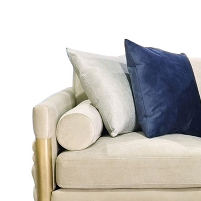 Fabric Upholstered Loveseat with Metal Trim Accents, Beige and Gold