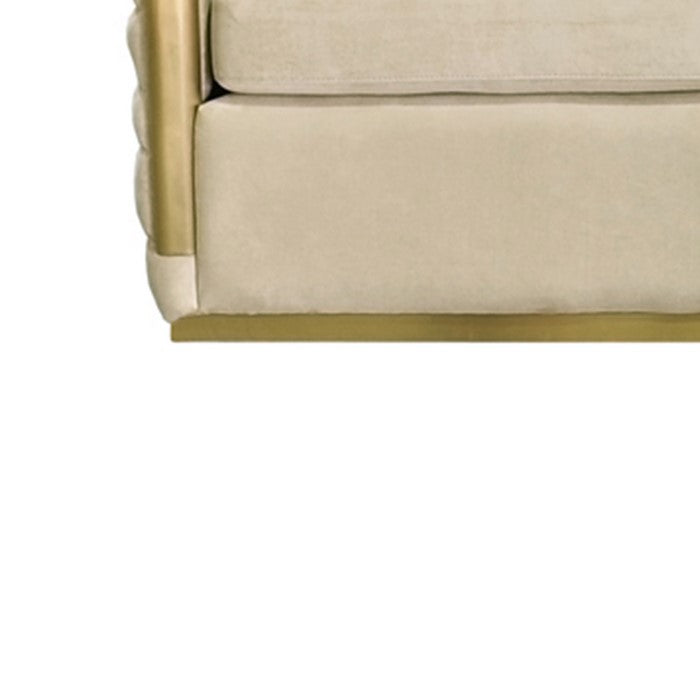 Fabric Upholstered Loveseat with Metal Trim Accents, Beige and Gold