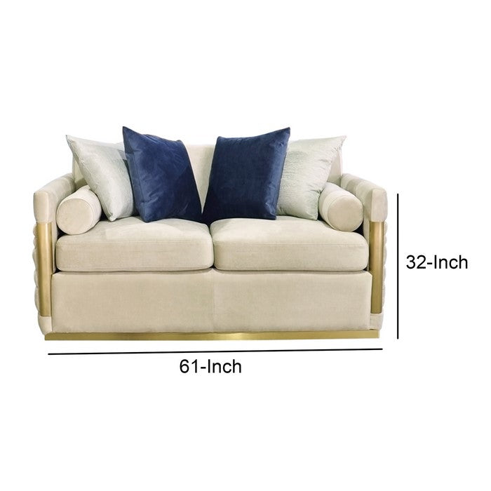 Fabric Upholstered Loveseat with Metal Trim Accents, Beige and Gold
