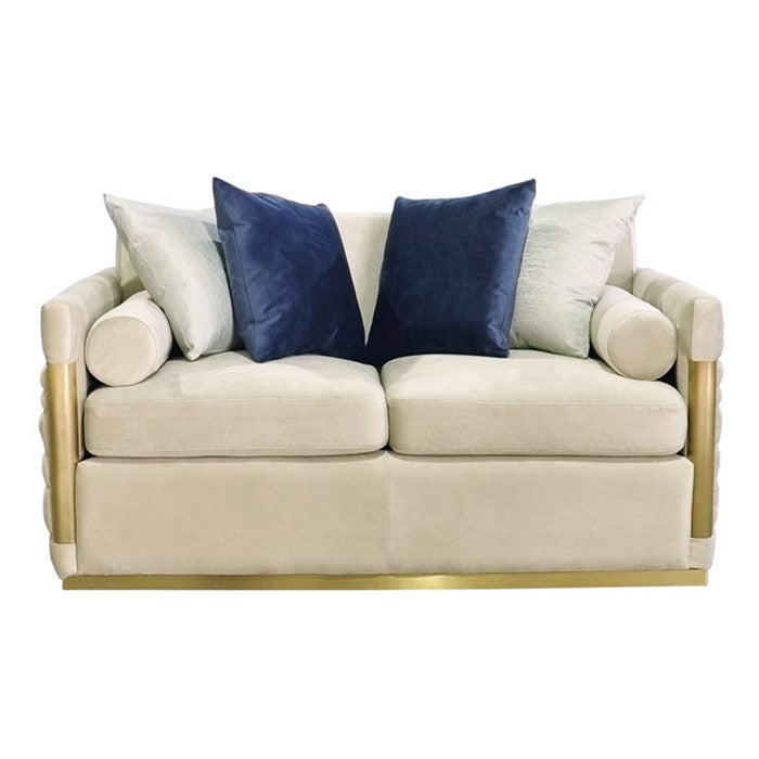 Fabric Upholstered Loveseat with Metal Trim Accents, Beige and Gold