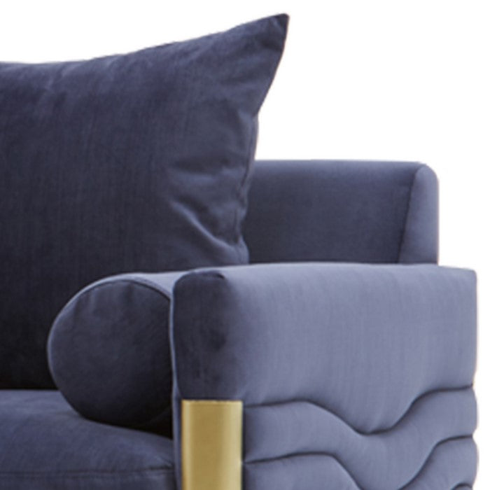 Velvet Upholstered Lounge Chair with Metal Trim and Low Back, Blue and Gold