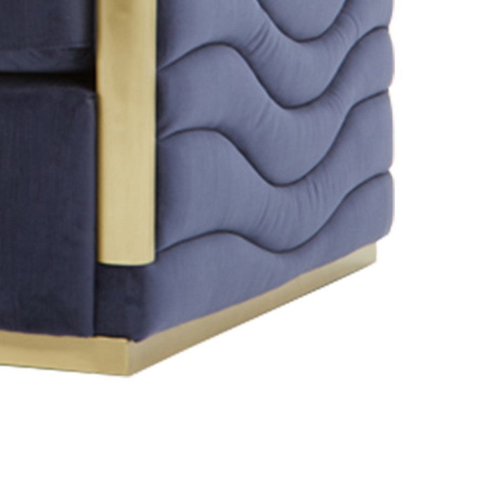 Velvet Upholstered Lounge Chair with Metal Trim and Low Back, Blue and Gold