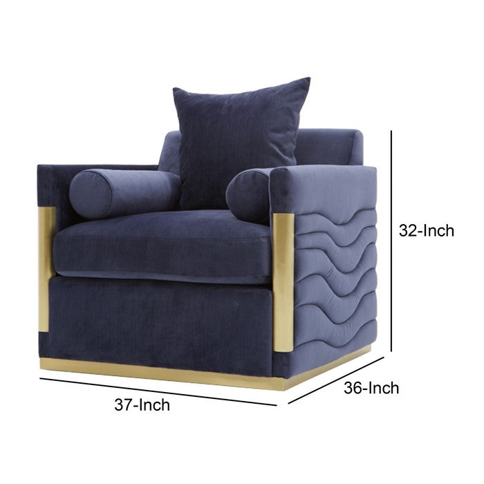 Velvet Upholstered Lounge Chair with Metal Trim and Low Back, Blue and Gold