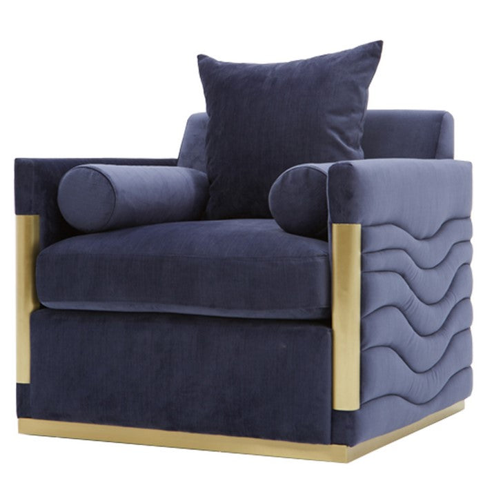 Velvet Upholstered Lounge Chair with Metal Trim and Low Back, Blue and Gold