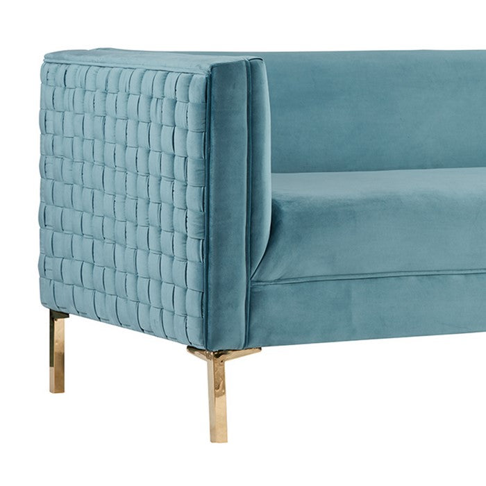 Velvet Upholstered Wooden Frame Sofa with Tufted Side Panel, Blue