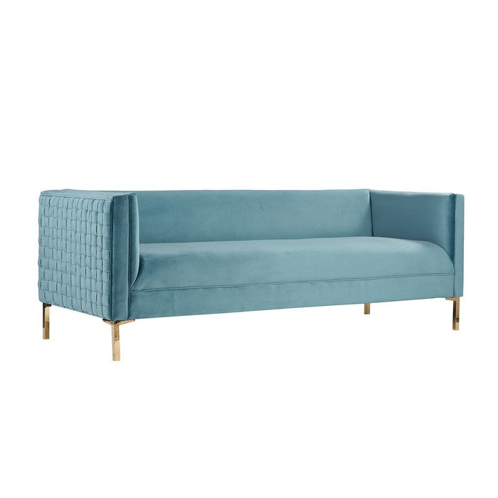 Velvet Upholstered Wooden Frame Sofa with Tufted Side Panel, Blue