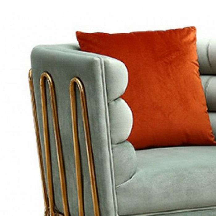Horizontal Plush Tufted Curved Metal Frame Lounge Chair, Gray and Gold