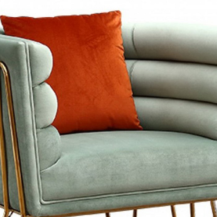 Horizontal Plush Tufted Curved Metal Frame Lounge Chair, Gray and Gold