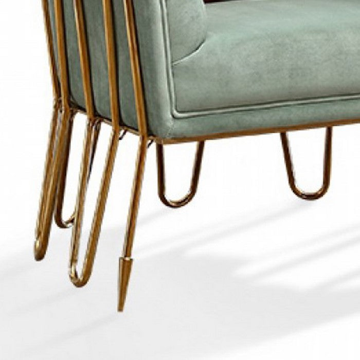 Horizontal Plush Tufted Curved Metal Frame Lounge Chair, Gray and Gold