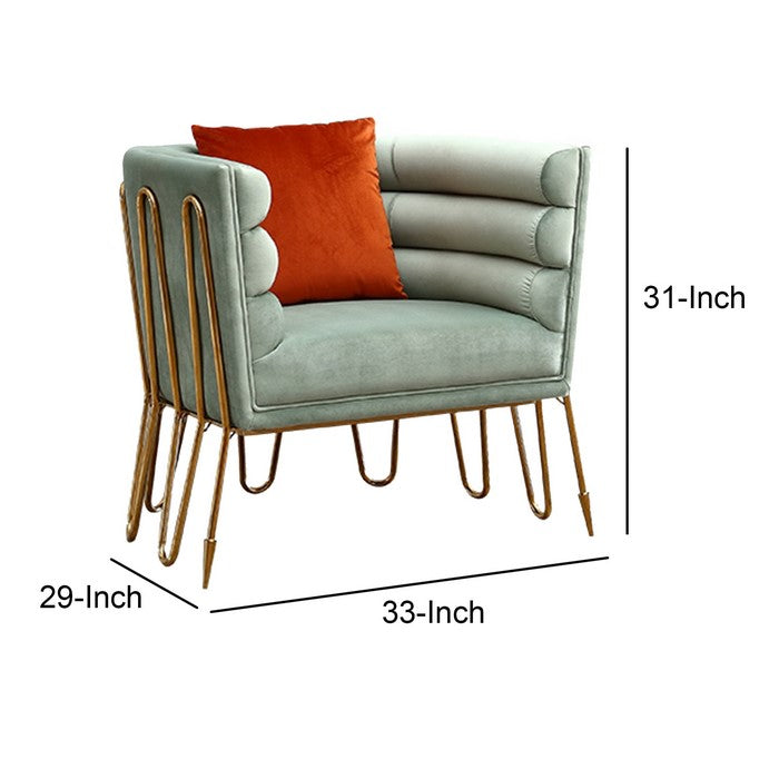 Horizontal Plush Tufted Curved Metal Frame Lounge Chair, Gray and Gold