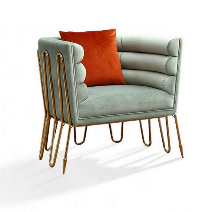 Horizontal Plush Tufted Curved Metal Frame Lounge Chair, Gray and Gold
