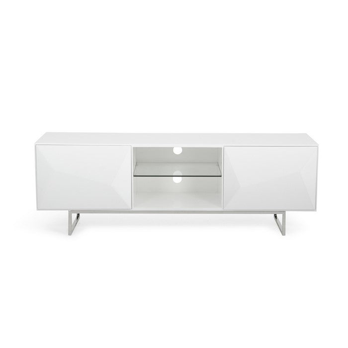 Metal Sled Base Wooden TV Stand with 2 Doors and 2 Open Shelves, White