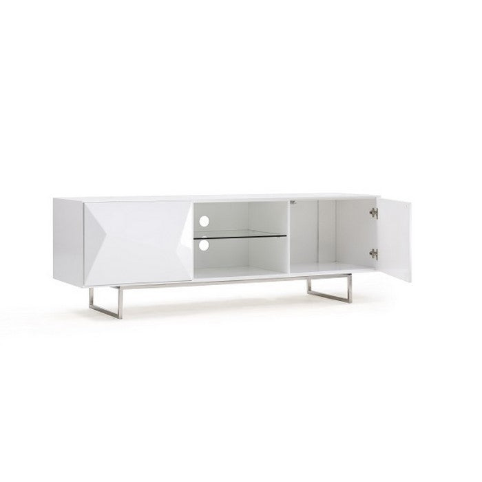 Metal Sled Base Wooden TV Stand with 2 Doors and 2 Open Shelves, White