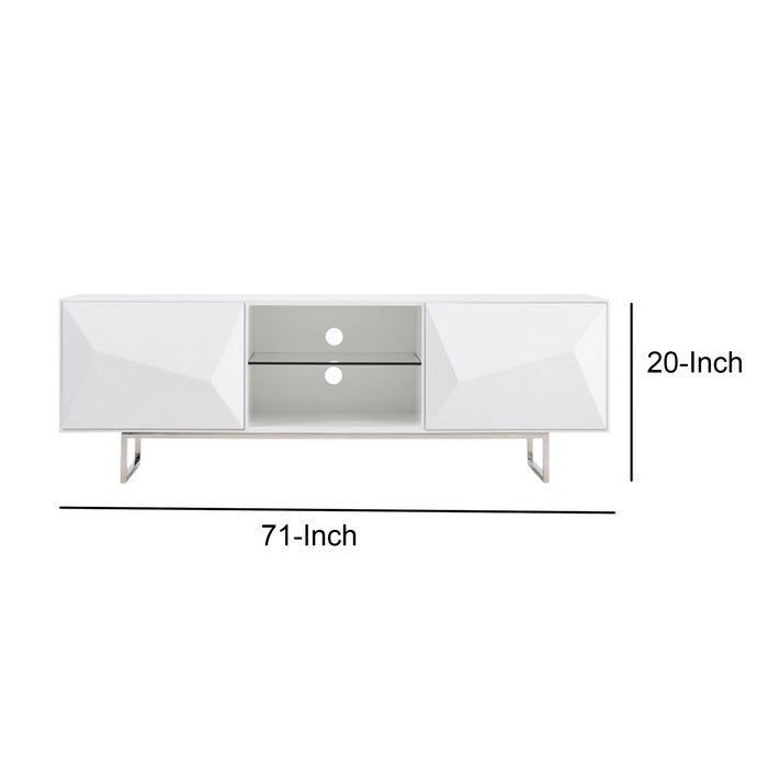Metal Sled Base Wooden TV Stand with 2 Doors and 2 Open Shelves, White