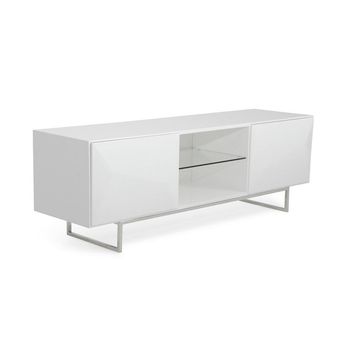 Metal Sled Base Wooden TV Stand with 2 Doors and 2 Open Shelves, White