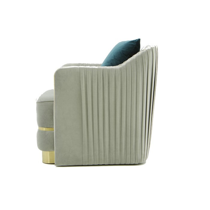 Upholstered Lounge Chair with Pleated Backrest and Metal Trim,Gray and Gold