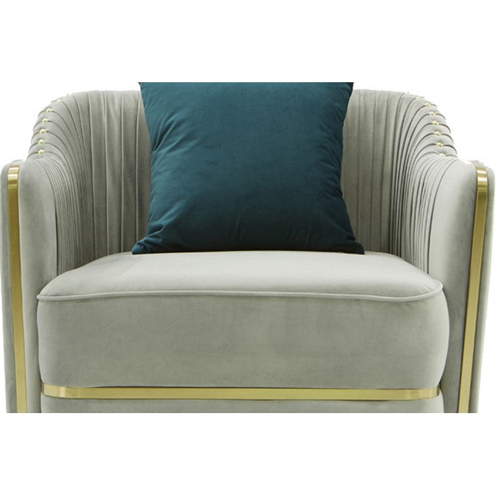 Upholstered Lounge Chair with Pleated Backrest and Metal Trim,Gray and Gold