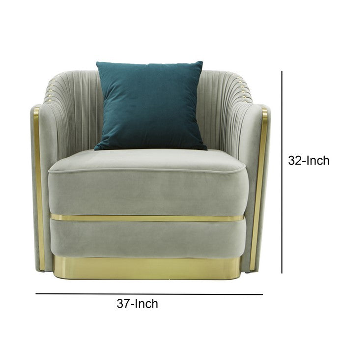 Upholstered Lounge Chair with Pleated Backrest and Metal Trim,Gray and Gold