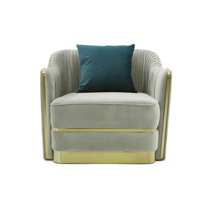 Upholstered Lounge Chair with Pleated Backrest and Metal Trim,Gray and Gold