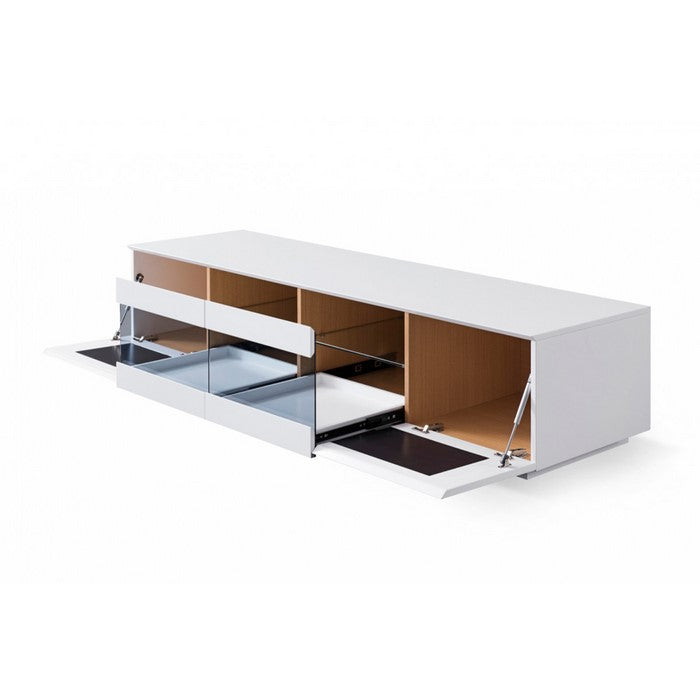 Wooden TV Stand with 2 Pull Down Doors and 2 Pull Out Drawers, White