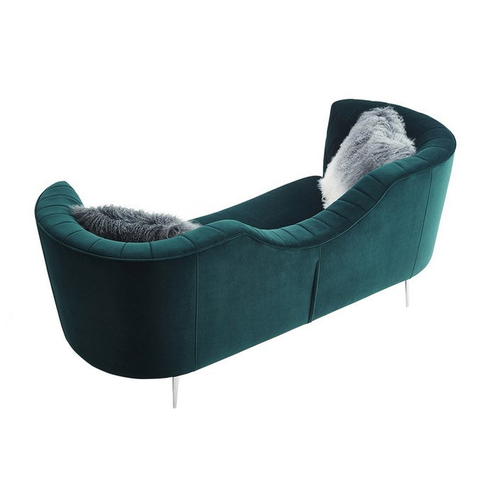 Velvet Upholstered Wooden Sofa with Curved Pleated Backrest, Teal Blue