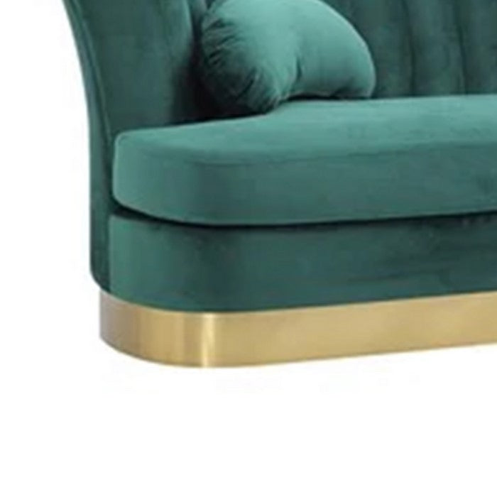 Velvet Upholstered Wooden Sofa with Curved Pleated Backrest, Teal Blue
