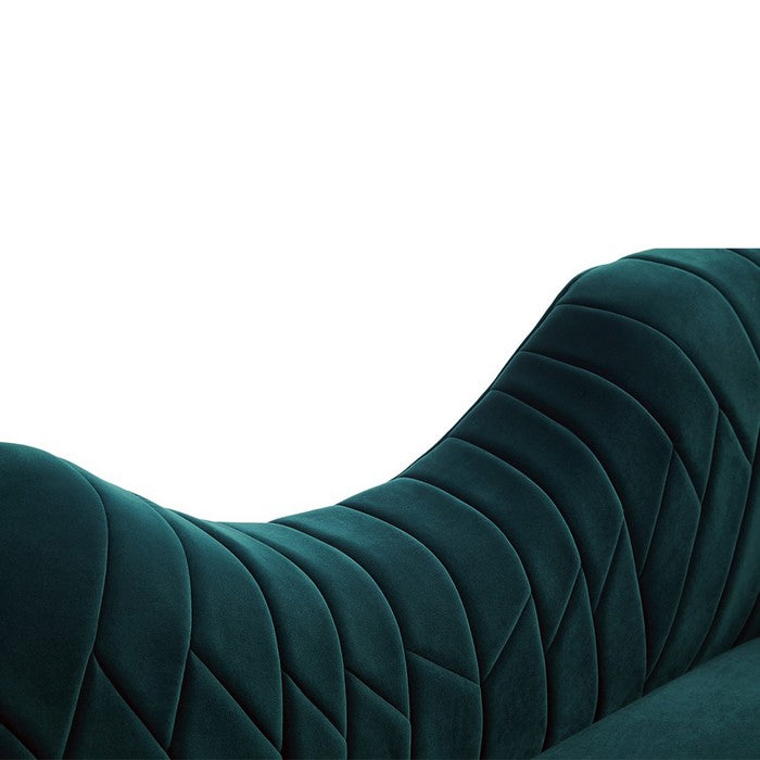 Velvet Upholstered Wooden Sofa with Curved Pleated Backrest, Teal Blue