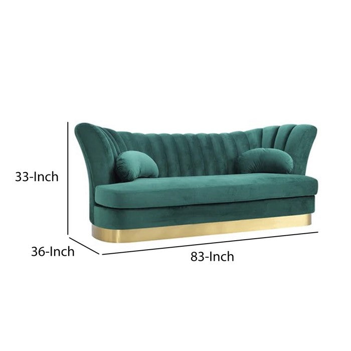 Velvet Upholstered Wooden Sofa with Curved Pleated Backrest, Teal Blue