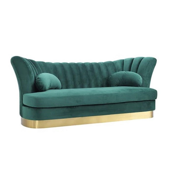 Velvet Upholstered Wooden Sofa with Curved Pleated Backrest, Teal Blue