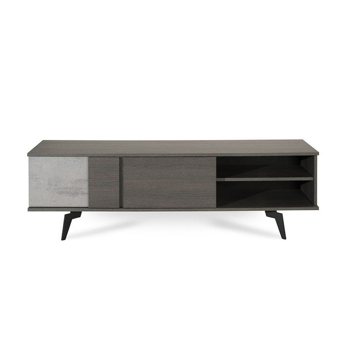 Wooden TV Stand with 2 Open Compartments and Angled Metal Legs, Gray