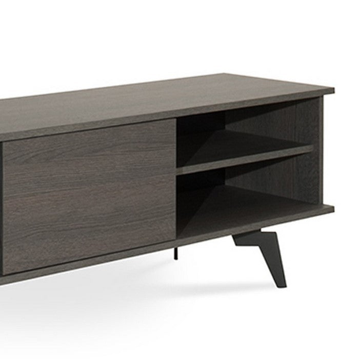 Wooden TV Stand with 2 Open Compartments and Angled Metal Legs, Gray