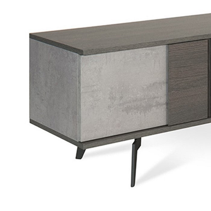 Wooden TV Stand with 2 Open Compartments and Angled Metal Legs, Gray
