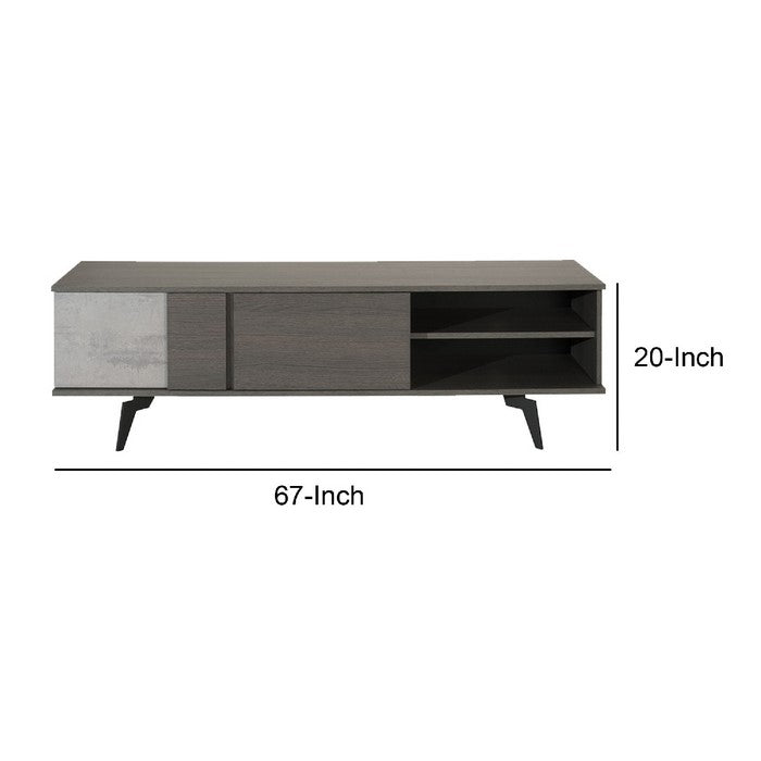 Wooden TV Stand with 2 Open Compartments and Angled Metal Legs, Gray