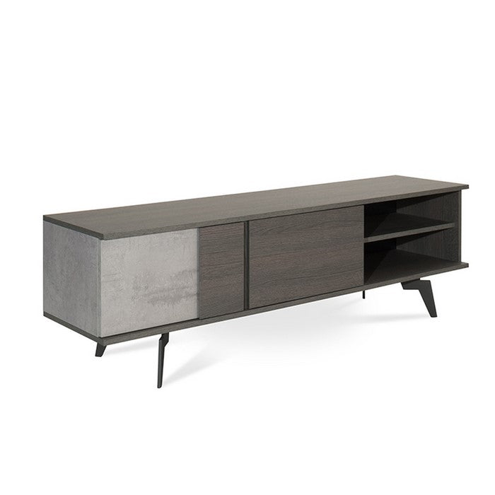Wooden TV Stand with 2 Open Compartments and Angled Metal Legs, Gray